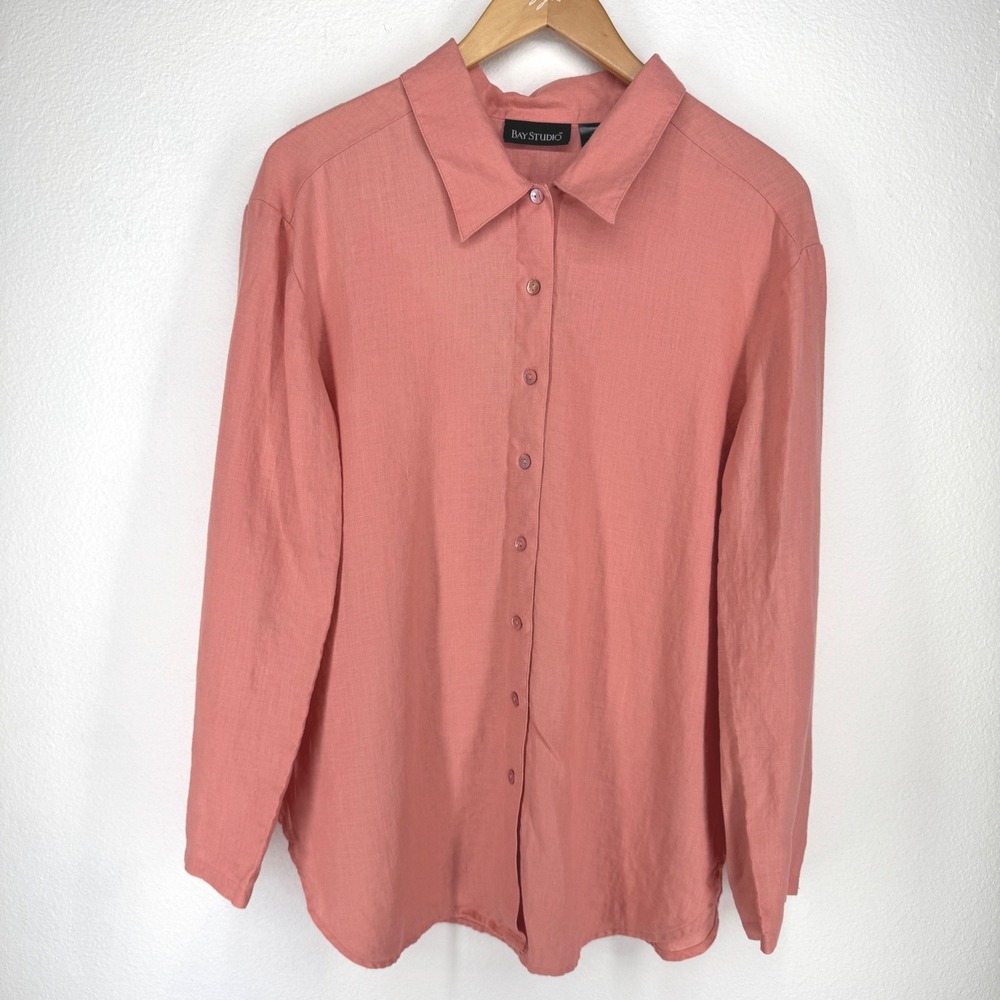 Bay Studio Womens Linen Button Long Sleeve Shirt Sz L Coral Minimalist Oversized